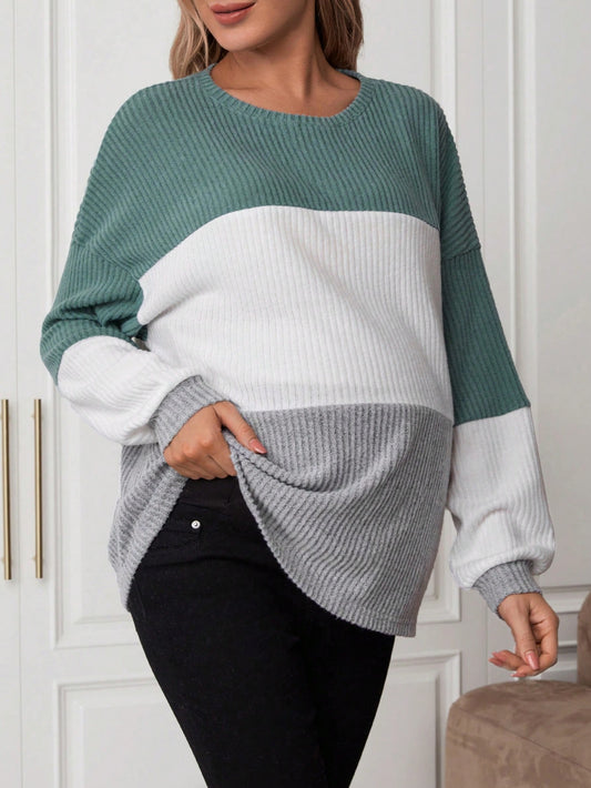 Maternity Color Block Drop Shoulder Ribbed T-Shirt With Long Sleeve