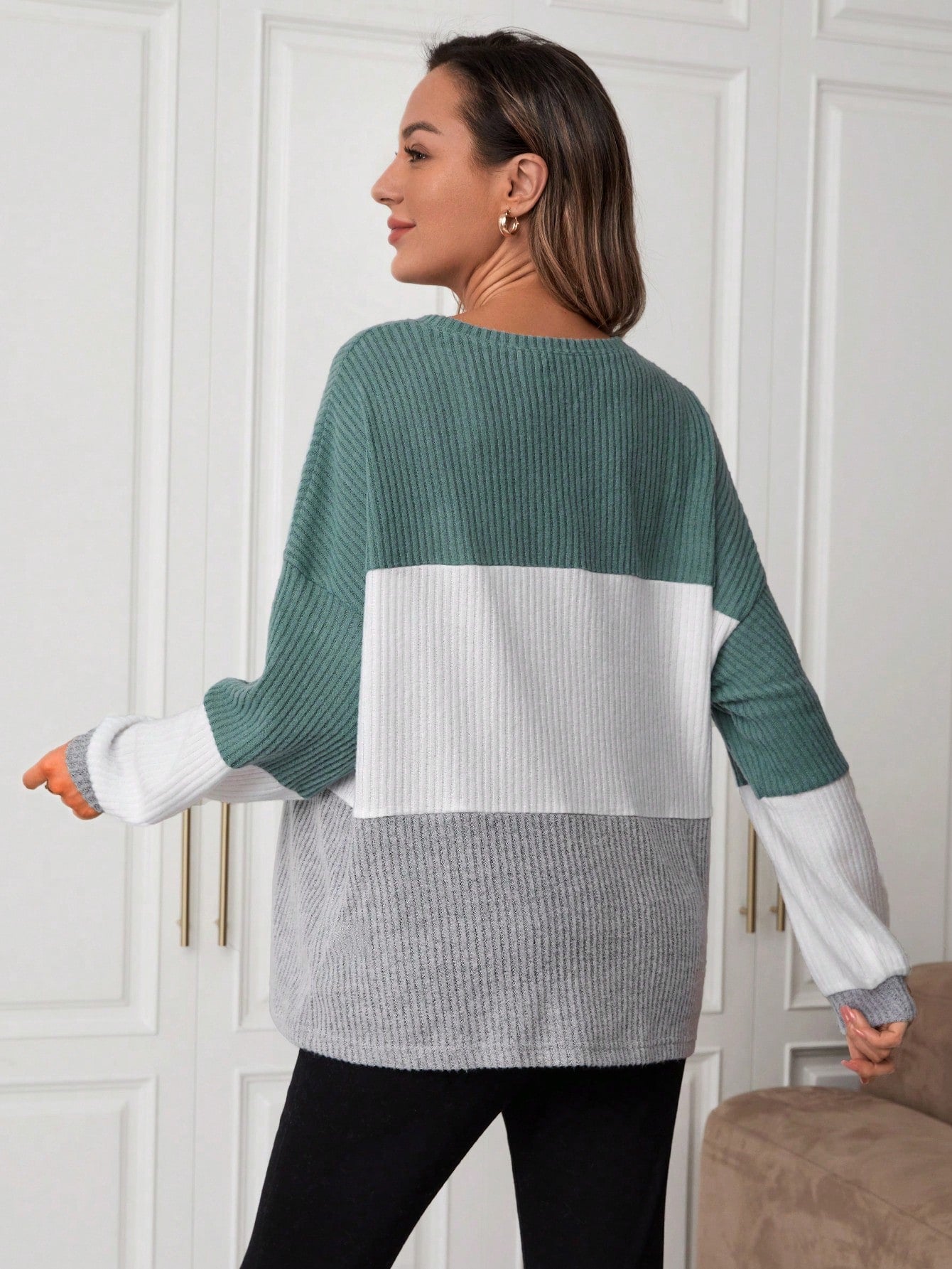 Maternity Color Block Drop Shoulder Ribbed T-Shirt With Long Sleeve
