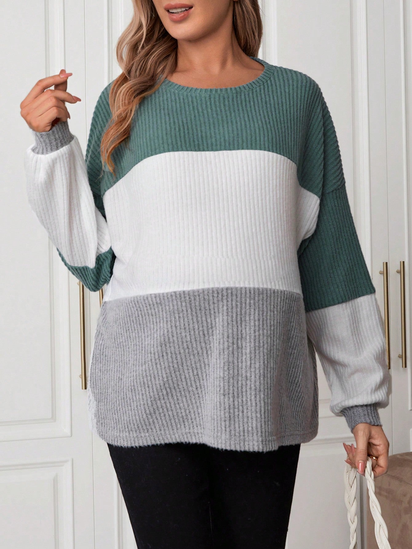 Maternity Color Block Drop Shoulder Ribbed T-Shirt With Long Sleeve