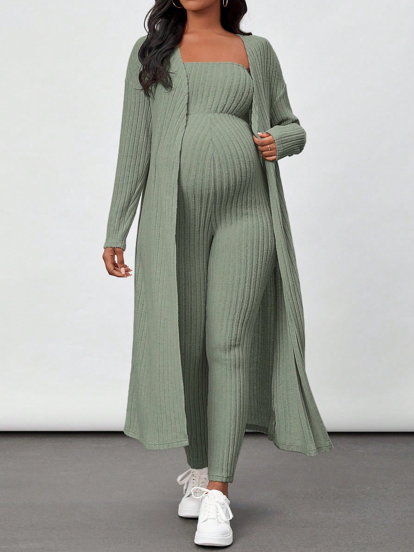 Maternity Ribbed Knit Tube Jumpsuit And Open Front Coat Two Piece Set