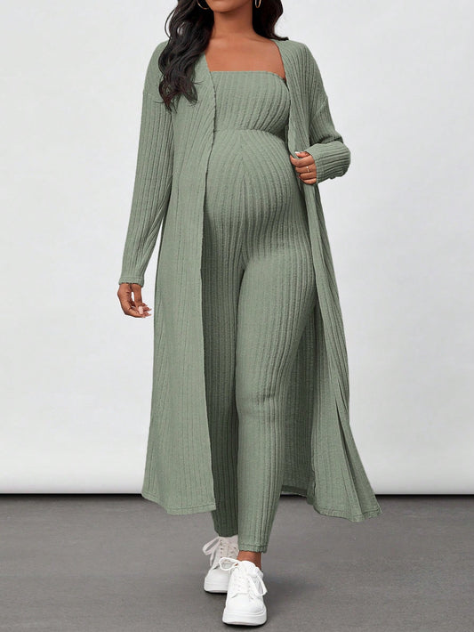 Maternity Ribbed Knit Tube Jumpsuit And Open Front Coat Two Piece Set