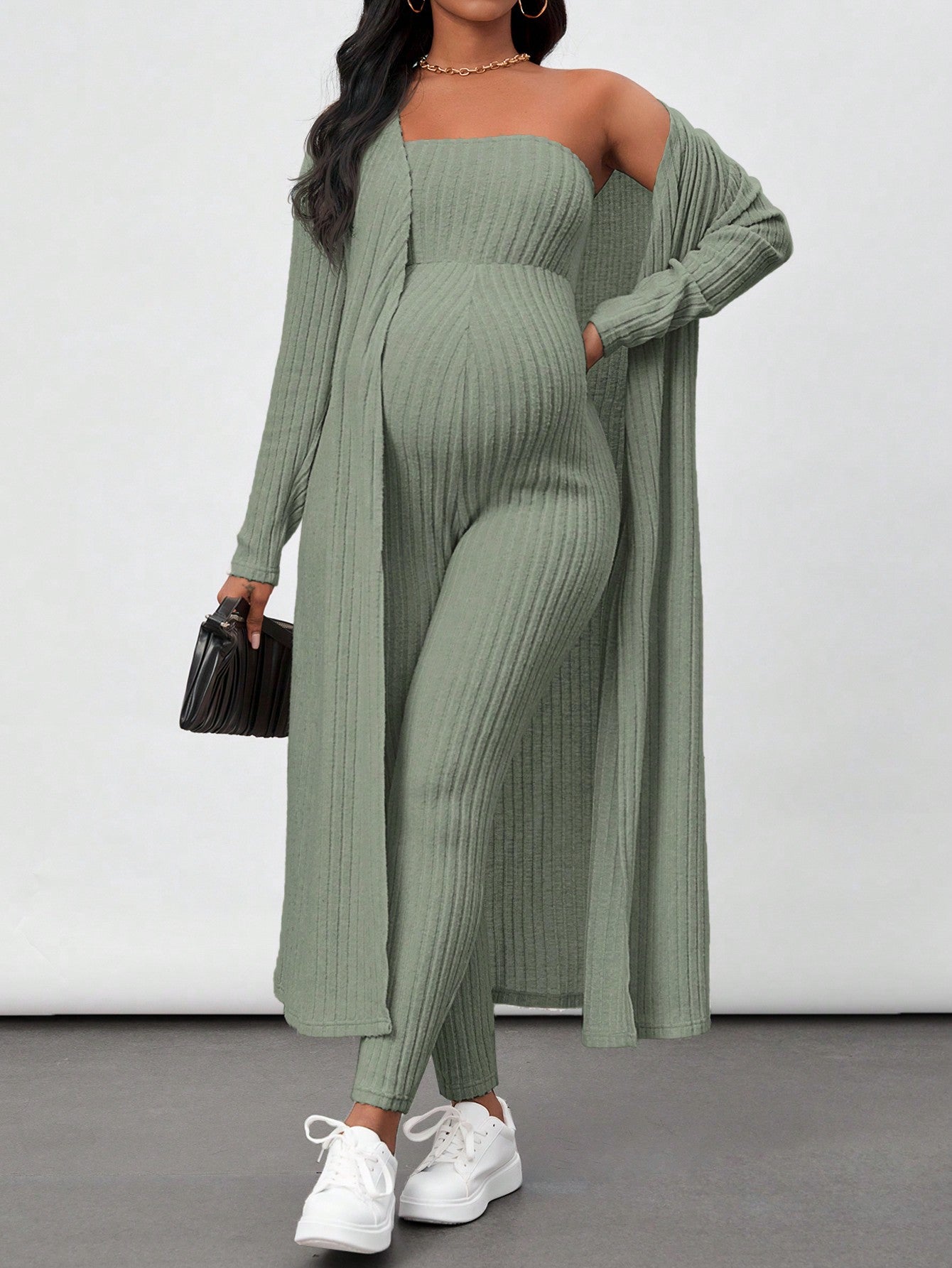Maternity Ribbed Knit Tube Jumpsuit And Open Front Coat Two Piece Set