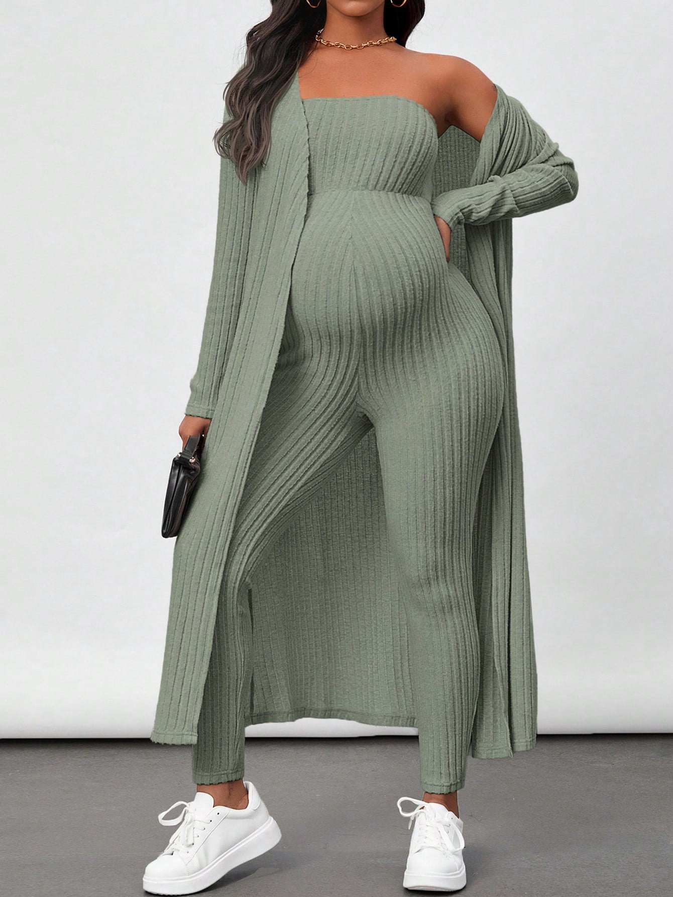 Maternity Ribbed Knit Tube Jumpsuit And Open Front Coat Two Piece Set