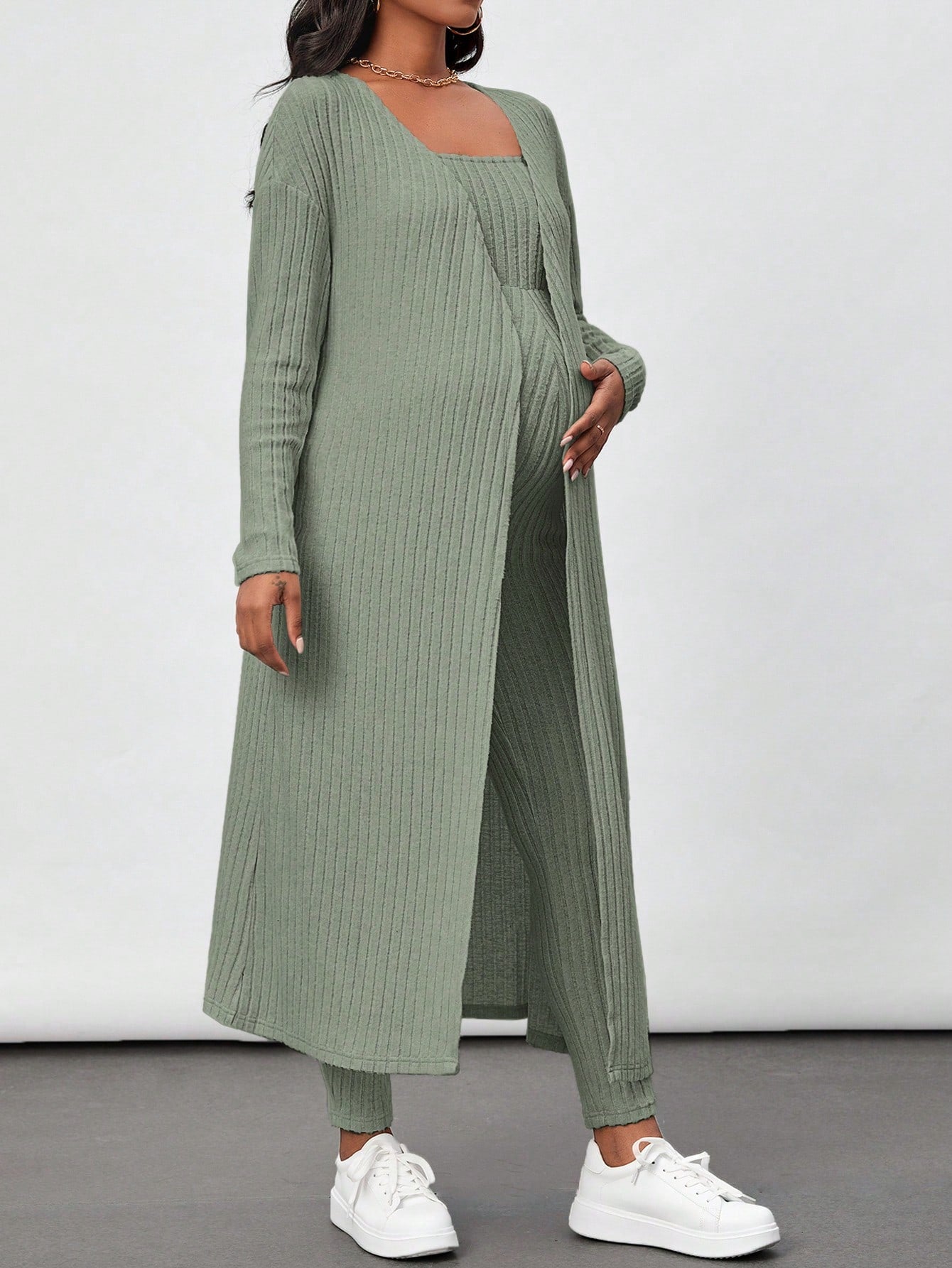 Maternity Ribbed Knit Tube Jumpsuit And Open Front Coat Two Piece Set