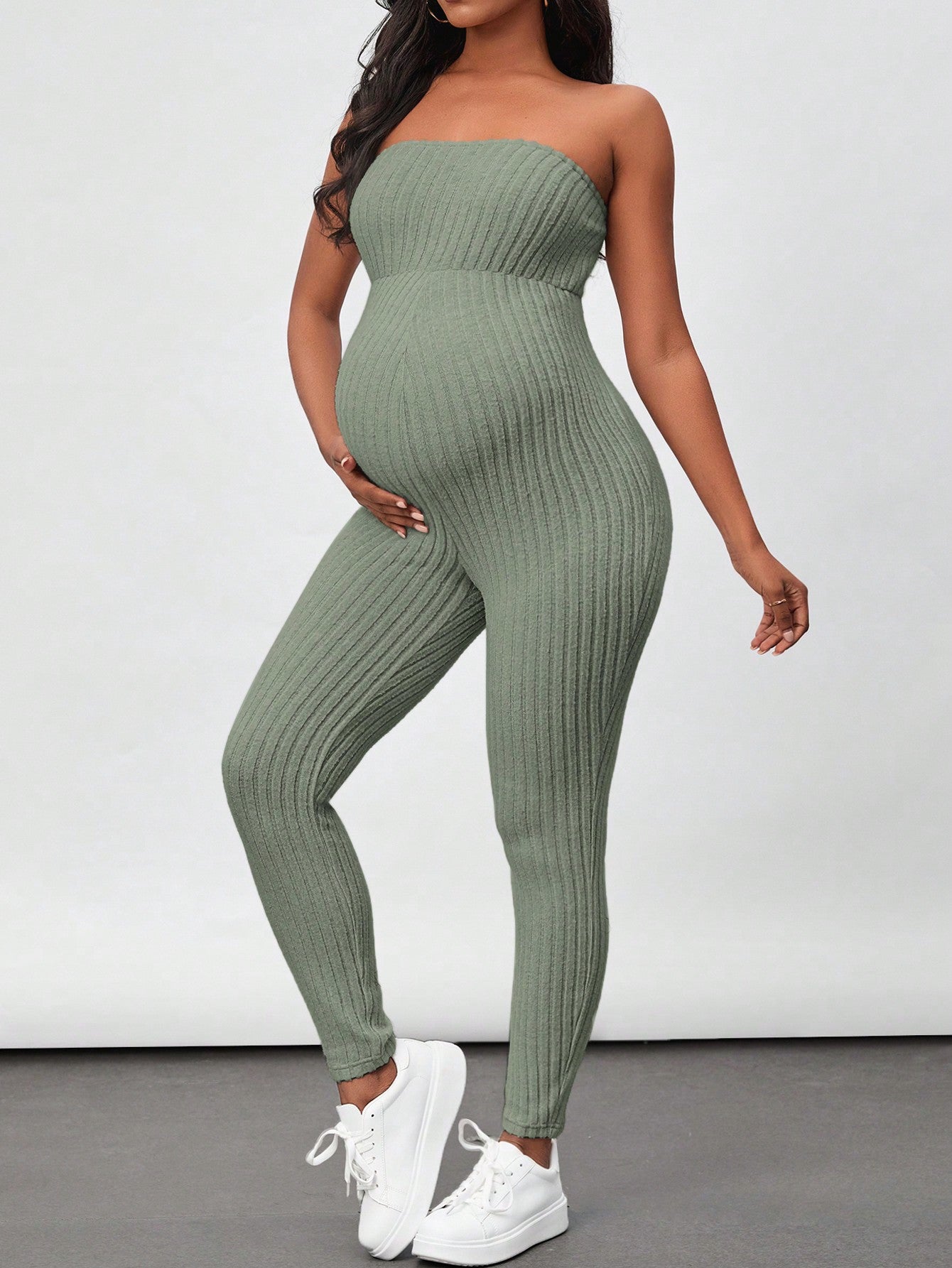 Maternity Ribbed Knit Tube Jumpsuit And Open Front Coat Two Piece Set
