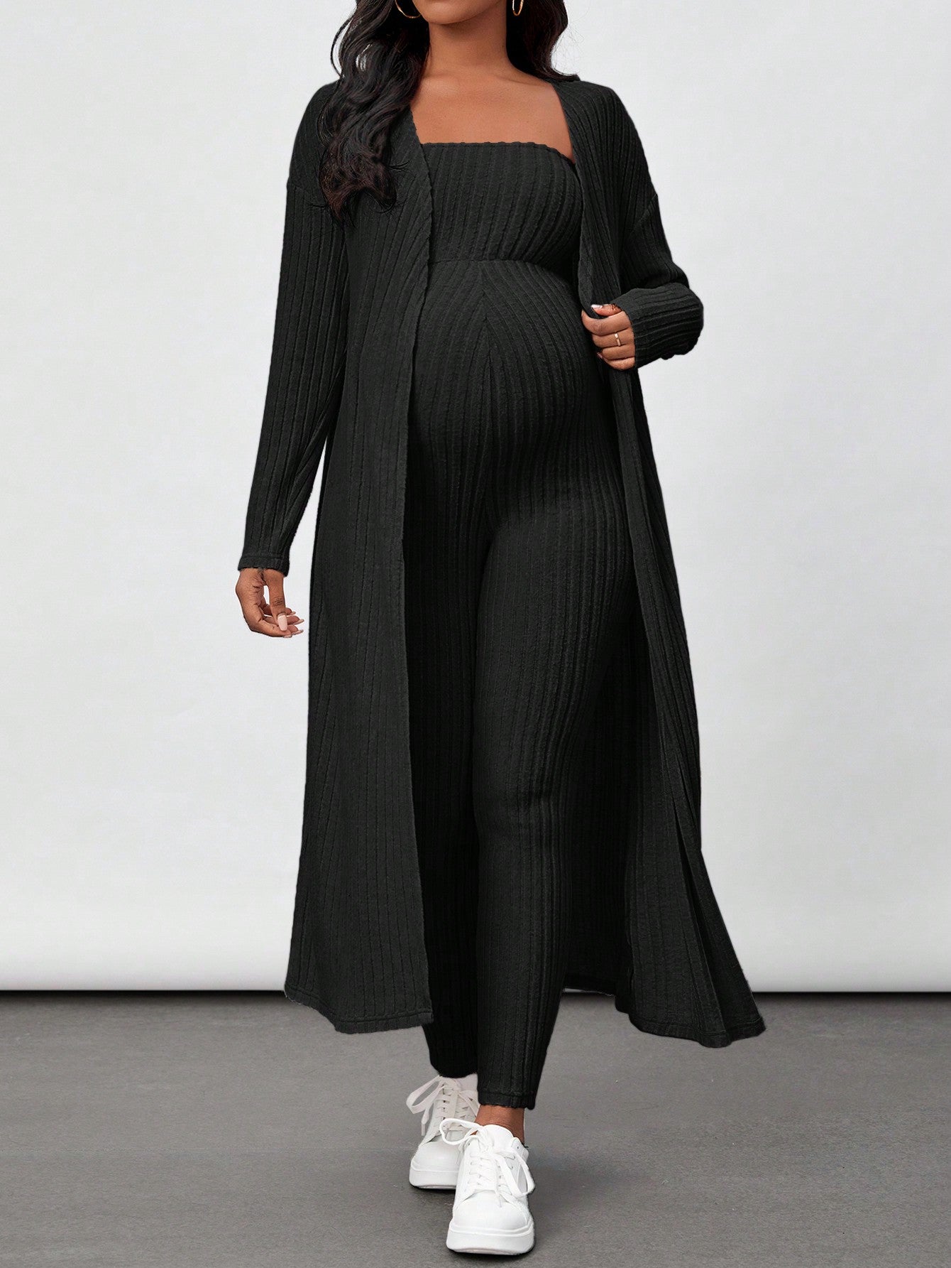 Maternity Ribbed Knit Tube Jumpsuit And Open Front Coat Two Piece Set