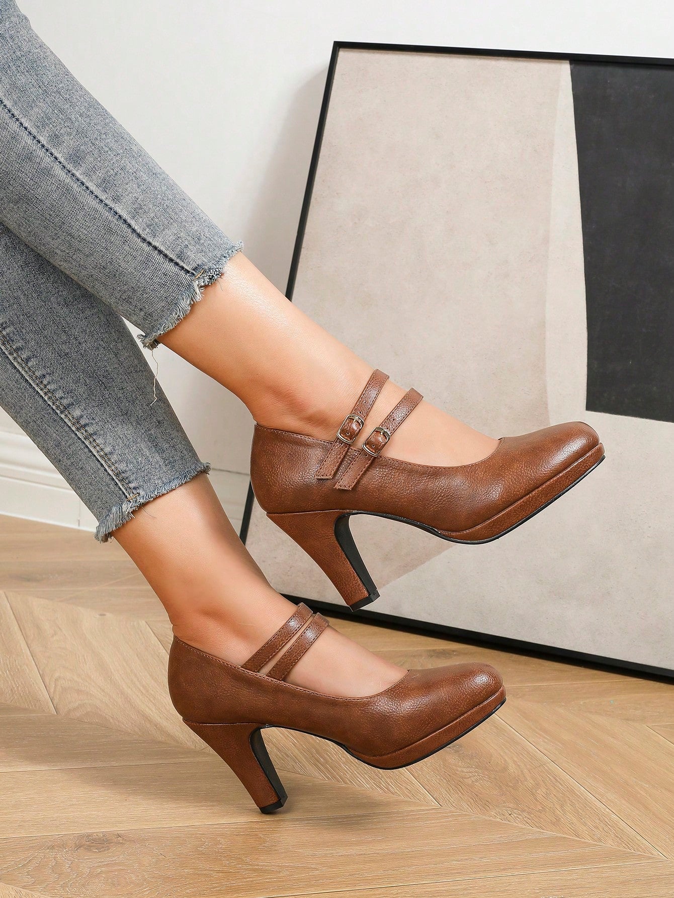 Women's Double Buckle Strap Design High Heels Waterproof Platform Tapered Shallow Mouth Women's Shoes Elegant Mary Jane Spring And Summer Brown Pu Fashion Pumps Work Shoes Brown High Heels Brown Shoes