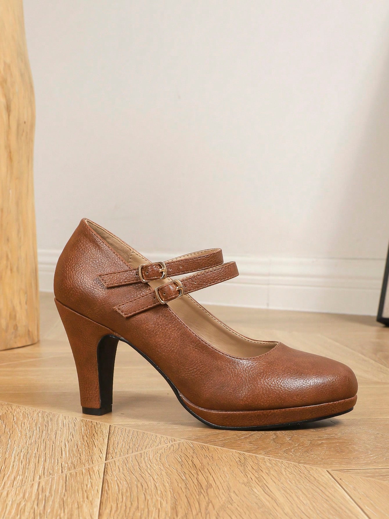 Women's Double Buckle Strap Design High Heels Waterproof Platform Tapered Shallow Mouth Women's Shoes Elegant Mary Jane Spring And Summer Brown Pu Fashion Pumps Work Shoes Brown High Heels Brown Shoes