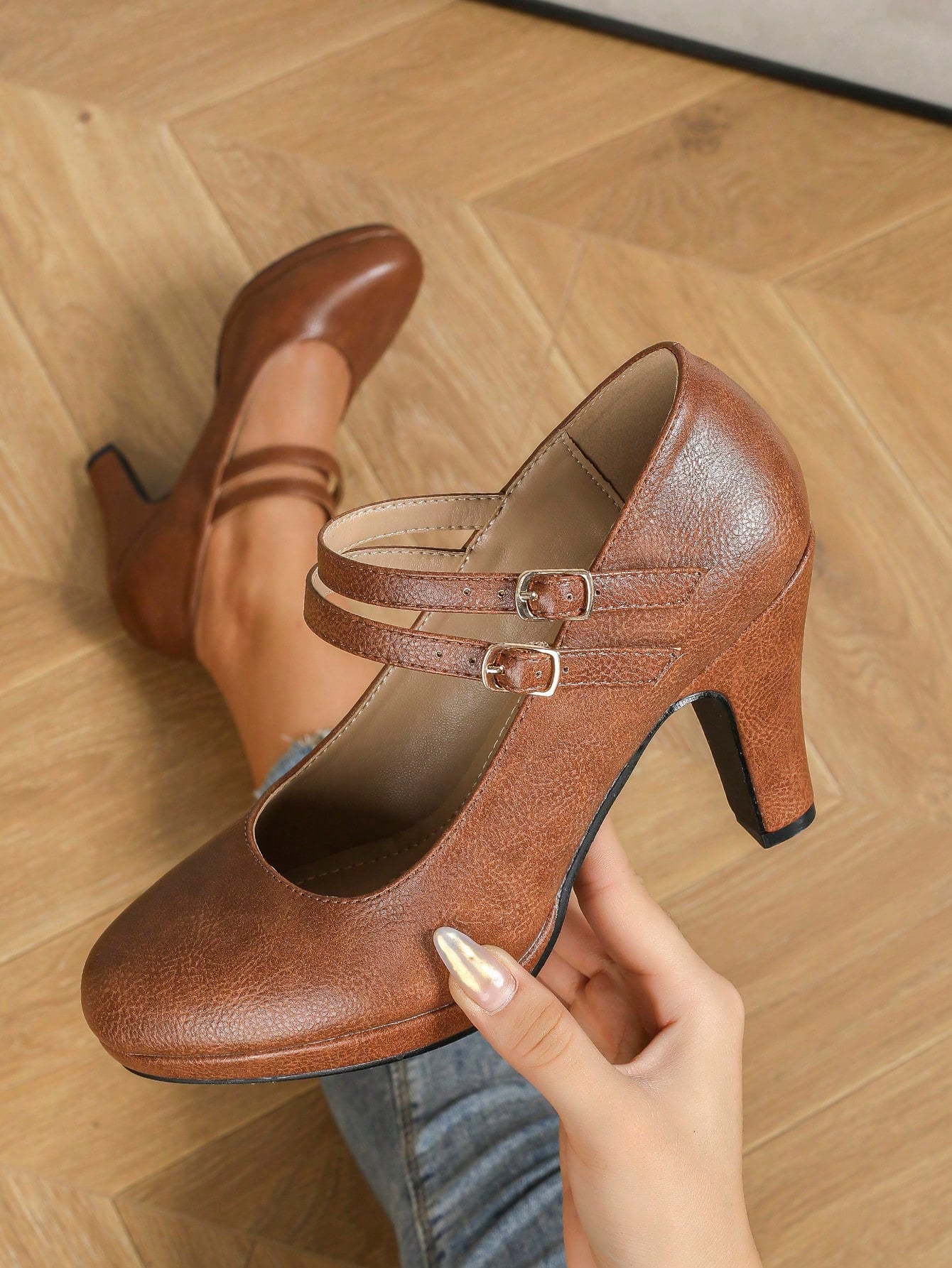 Women's Double Buckle Strap Design High Heels Waterproof Platform Tapered Shallow Mouth Women's Shoes Elegant Mary Jane Spring And Summer Brown Pu Fashion Pumps Work Shoes Brown High Heels Brown Shoes