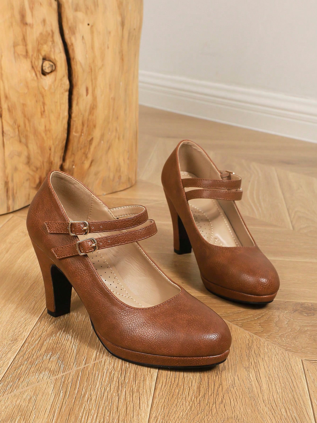 Women's Double Buckle Strap Design High Heels Waterproof Platform Tapered Shallow Mouth Women's Shoes Elegant Mary Jane Spring And Summer Brown Pu Fashion Pumps Work Shoes Brown High Heels Brown Shoes