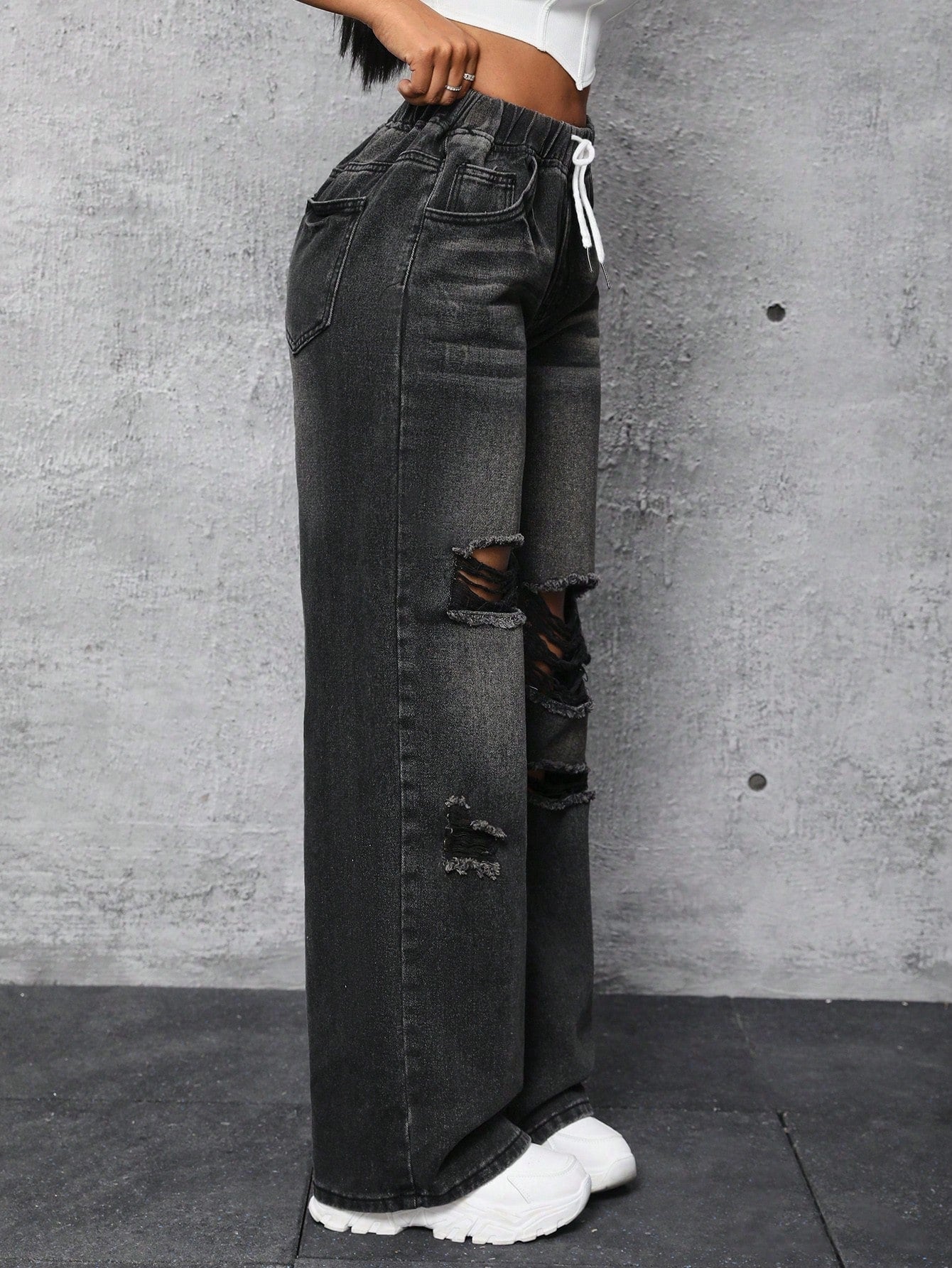 SXY Drawstring Waist Cut Out Ripped Wide Leg Jeans
