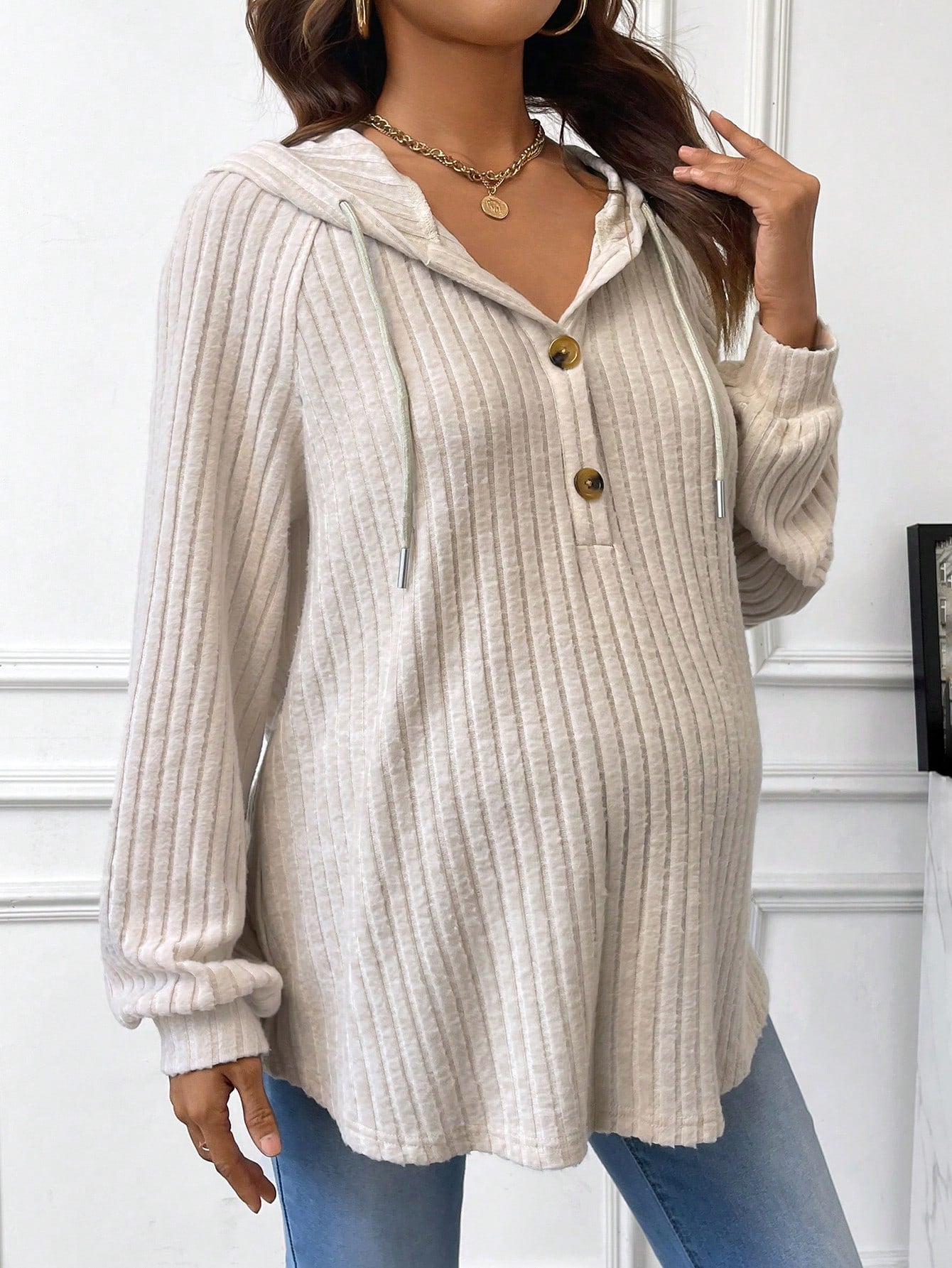 Maternity Buttoned Half Placket Drawstring Hoodie With Ribbed Details And Raglan Sleeves, For Winter