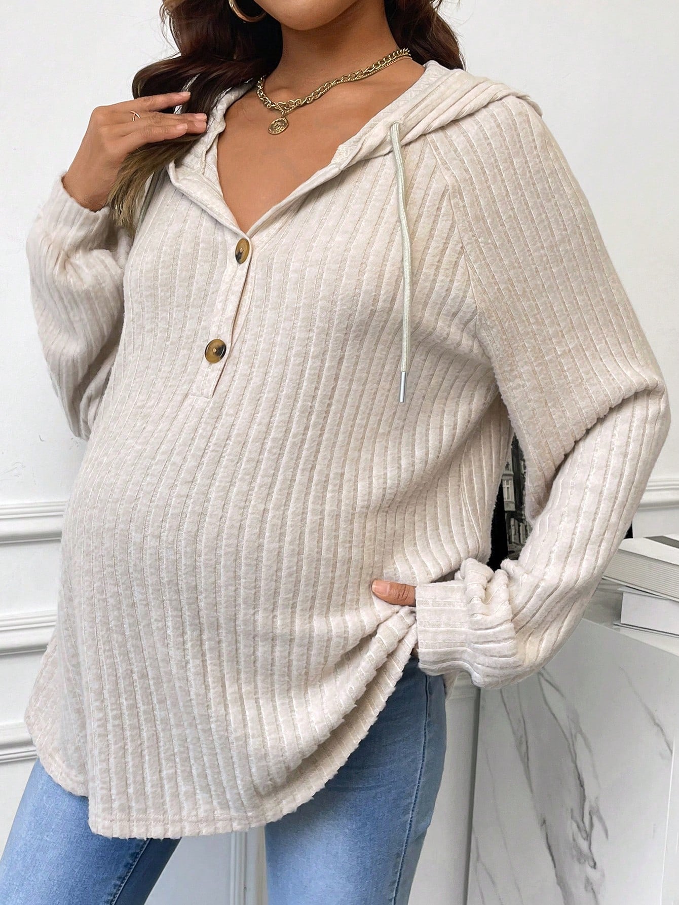Maternity Buttoned Half Placket Drawstring Hoodie With Ribbed Details And Raglan Sleeves, For Winter