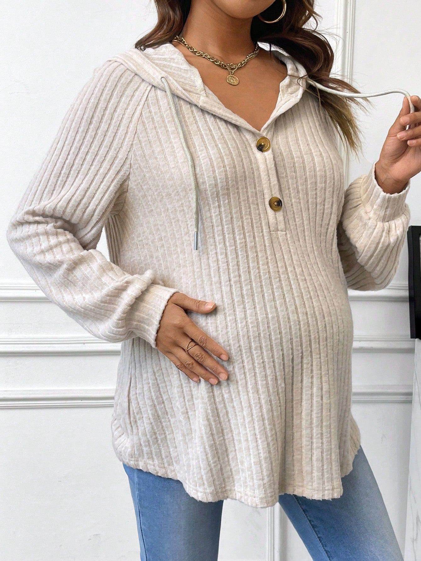 Maternity Buttoned Half Placket Drawstring Hoodie With Ribbed Details And Raglan Sleeves, For Winter