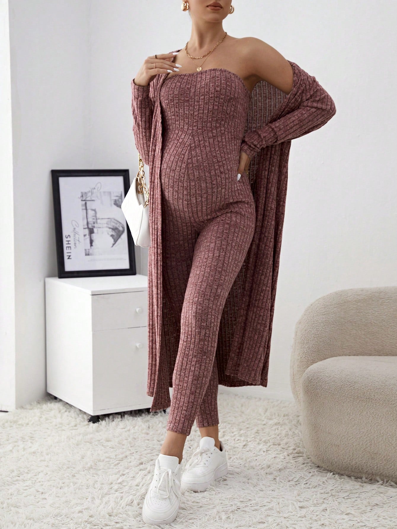 Maternity Ribbed Knit Tube Jumpsuit And Open Front Coat Two Piece Set