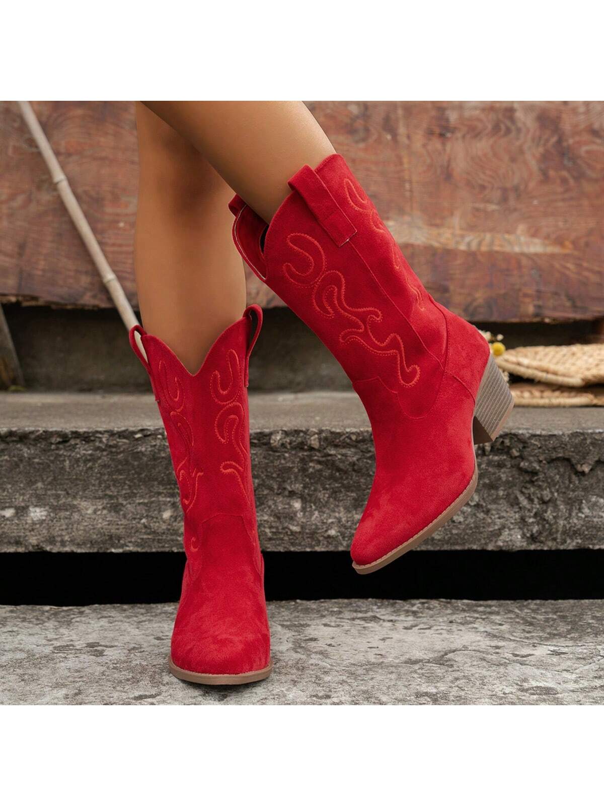 Fashionable Women Embroidered Wedge Heel Western Slip-On Mid-Calf Boots