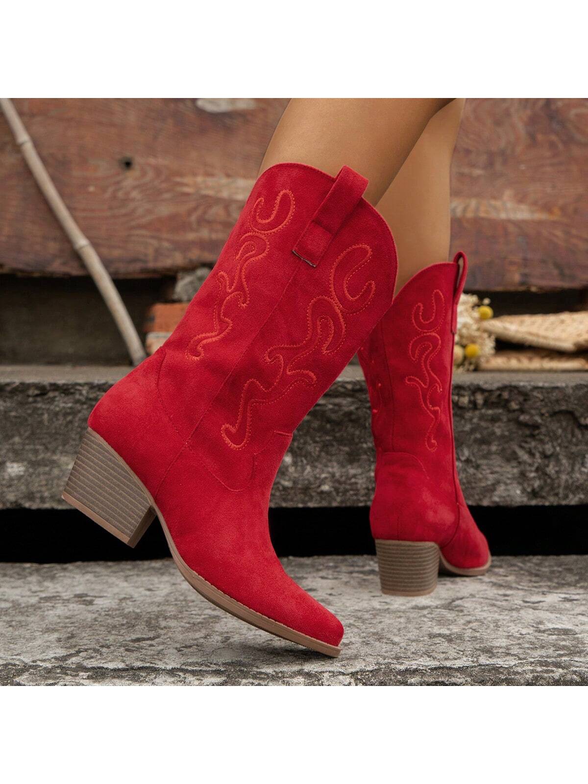Fashionable Women Embroidered Wedge Heel Western Slip-On Mid-Calf Boots