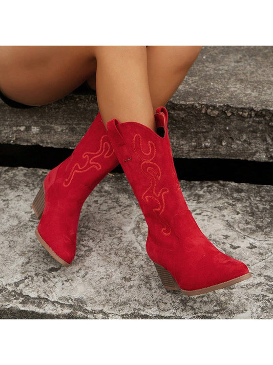 Fashionable Women Embroidered Wedge Heel Western Slip-On Mid-Calf Boots