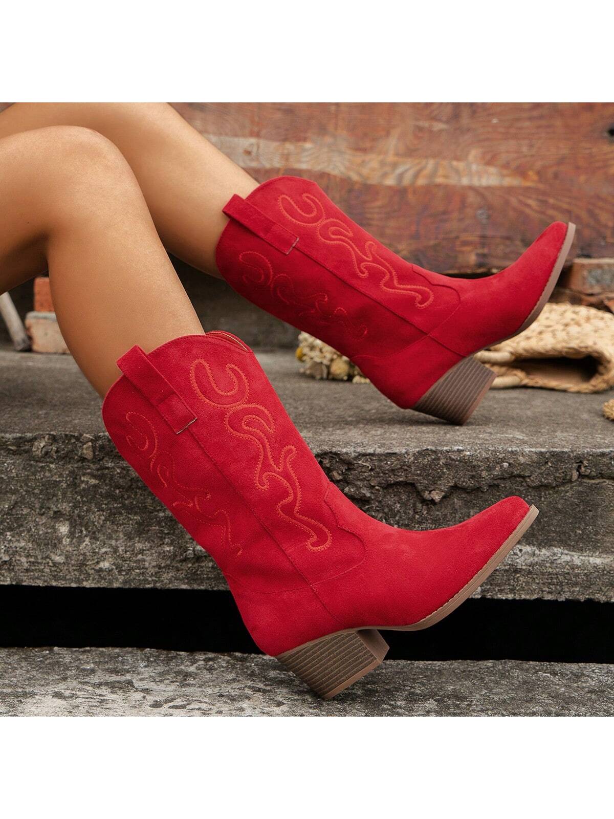 Fashionable Women Embroidered Wedge Heel Western Slip-On Mid-Calf Boots
