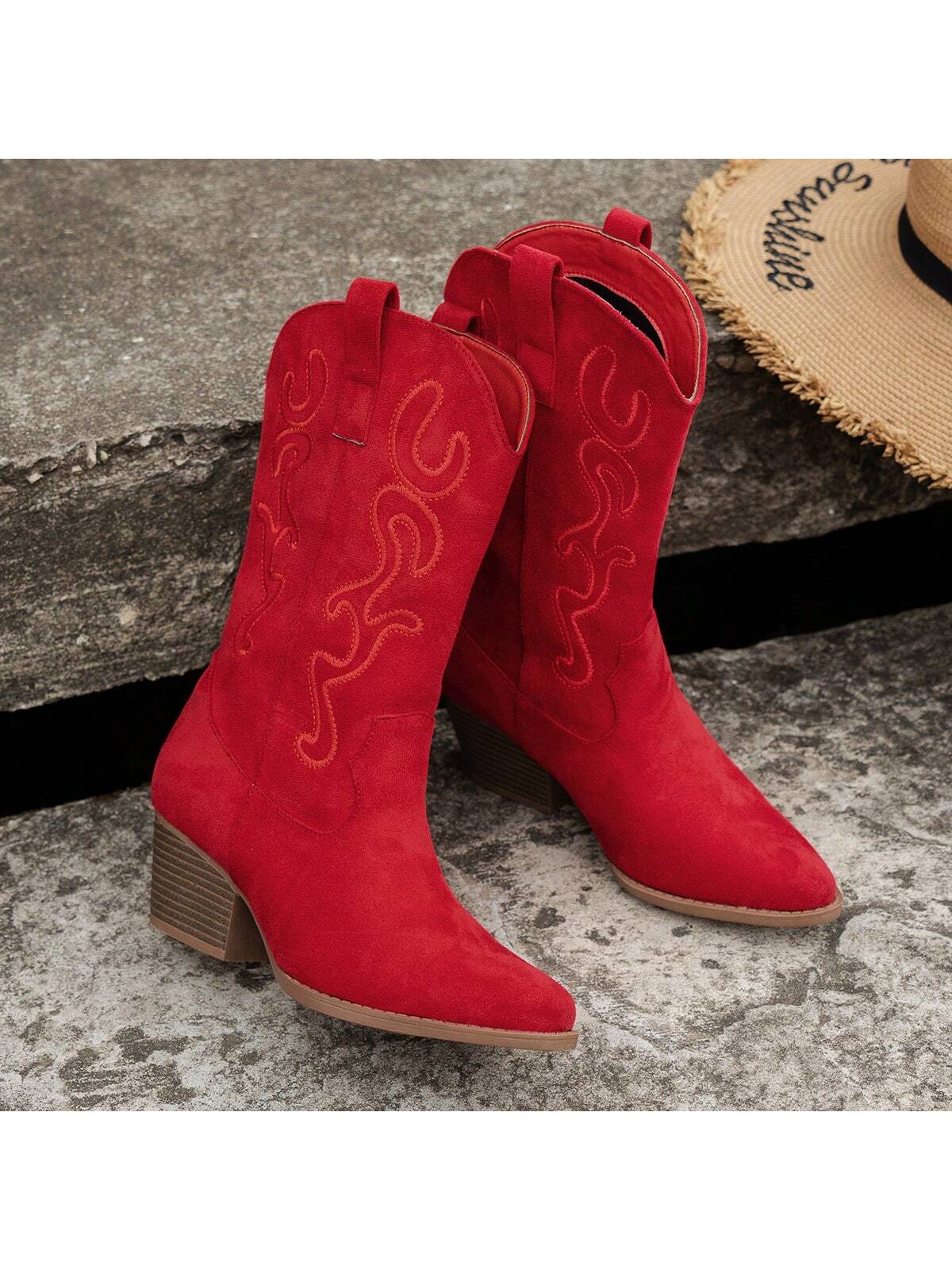 Fashionable Women Embroidered Wedge Heel Western Slip-On Mid-Calf Boots