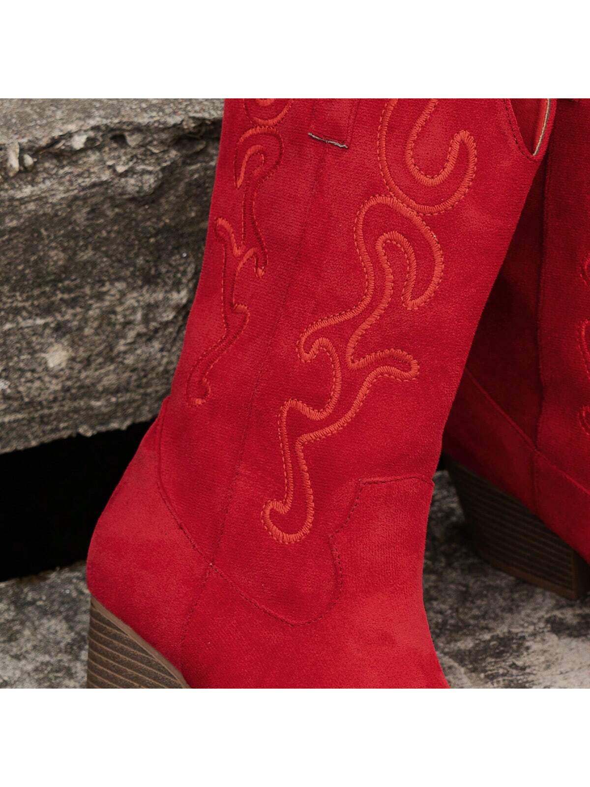 Fashionable Women Embroidered Wedge Heel Western Slip-On Mid-Calf Boots