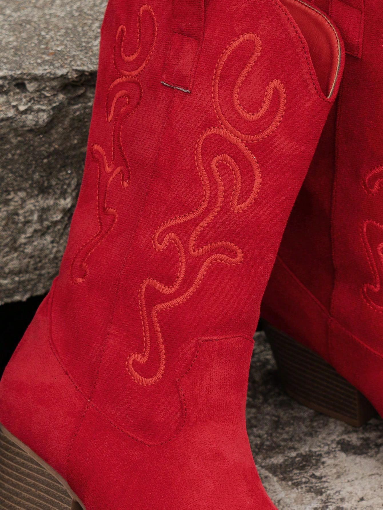 Fashionable Women Embroidered Wedge Heel Western Slip-On Mid-Calf Boots