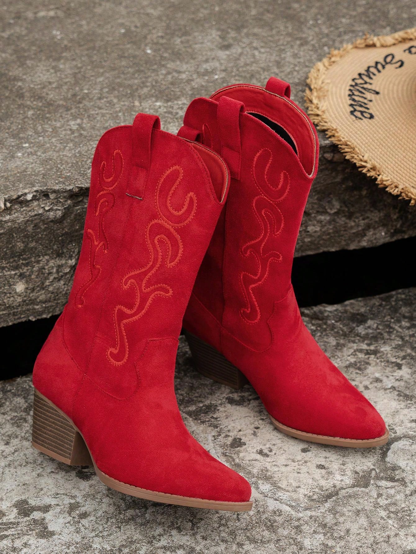 Fashionable Women Embroidered Wedge Heel Western Slip-On Mid-Calf Boots