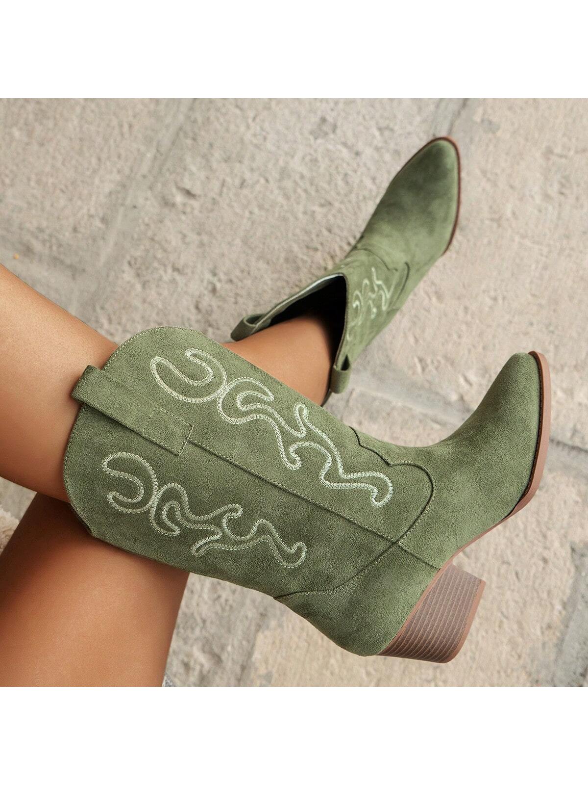 Fashionable Women Embroidered Wedge Heel Western Slip-On Mid-Calf Boots