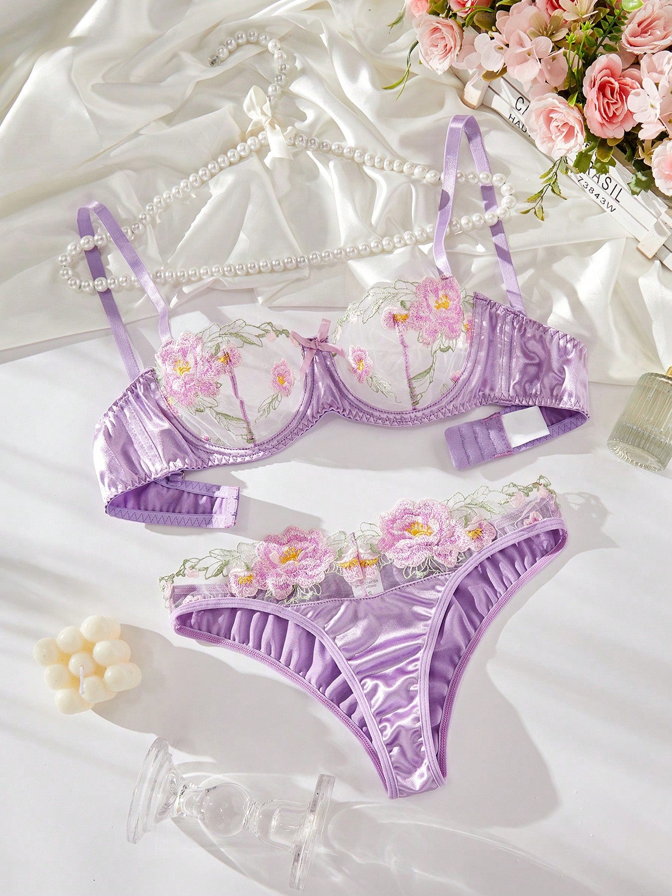 Ladies' Floral Embroidery Mesh Bra & Panty Lingerie Set