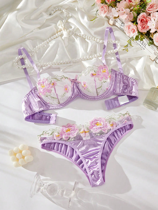 Ladies' Floral Embroidery Mesh Bra & Panty Lingerie Set