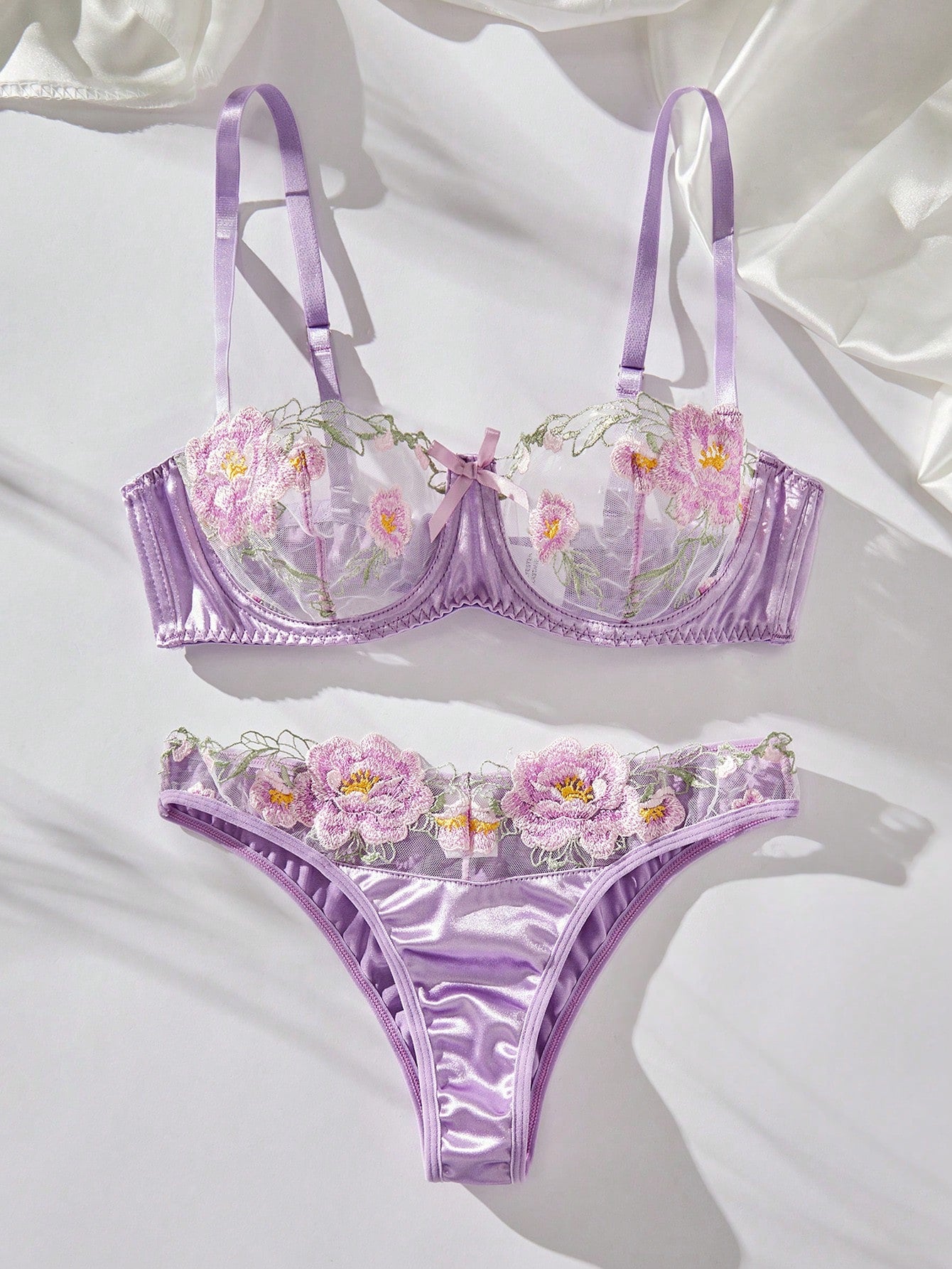 Ladies' Floral Embroidery Mesh Bra & Panty Lingerie Set