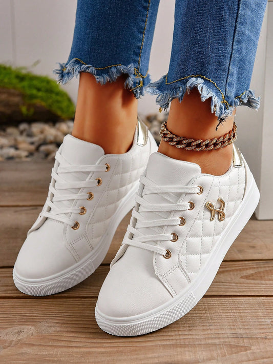 Spring/Summer/Autumn White Lace-Up Versatile Lightweight Shoes - Soft Bottom Sports Shoes - All-Match Casual Shoes - Student Shoes - Uncommon Personality - Women's Flat Shoes, Shoes For Women