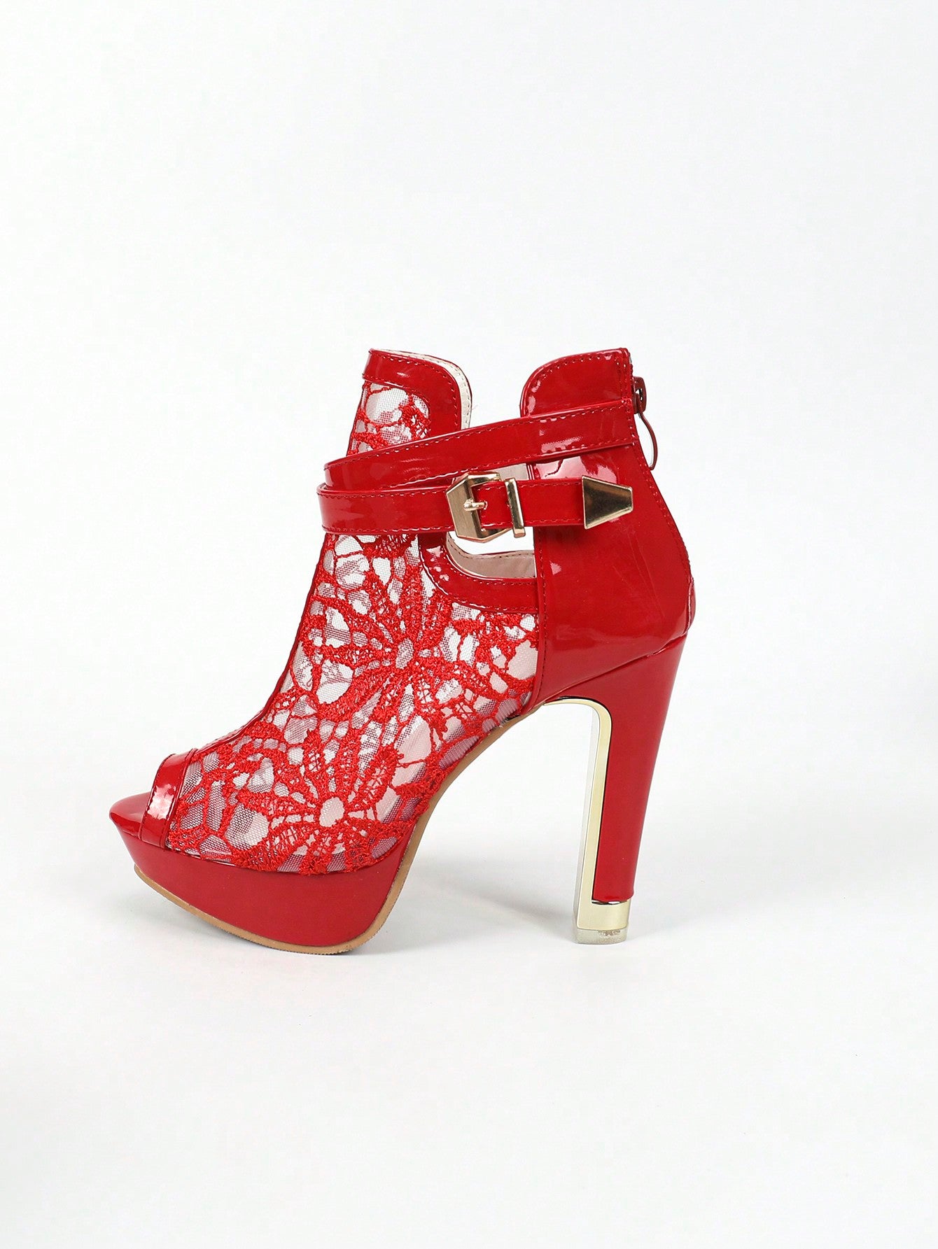 Red High-Heeled Shoes For Women, Water Resistant, With Back Zipper And Mesh Decoration