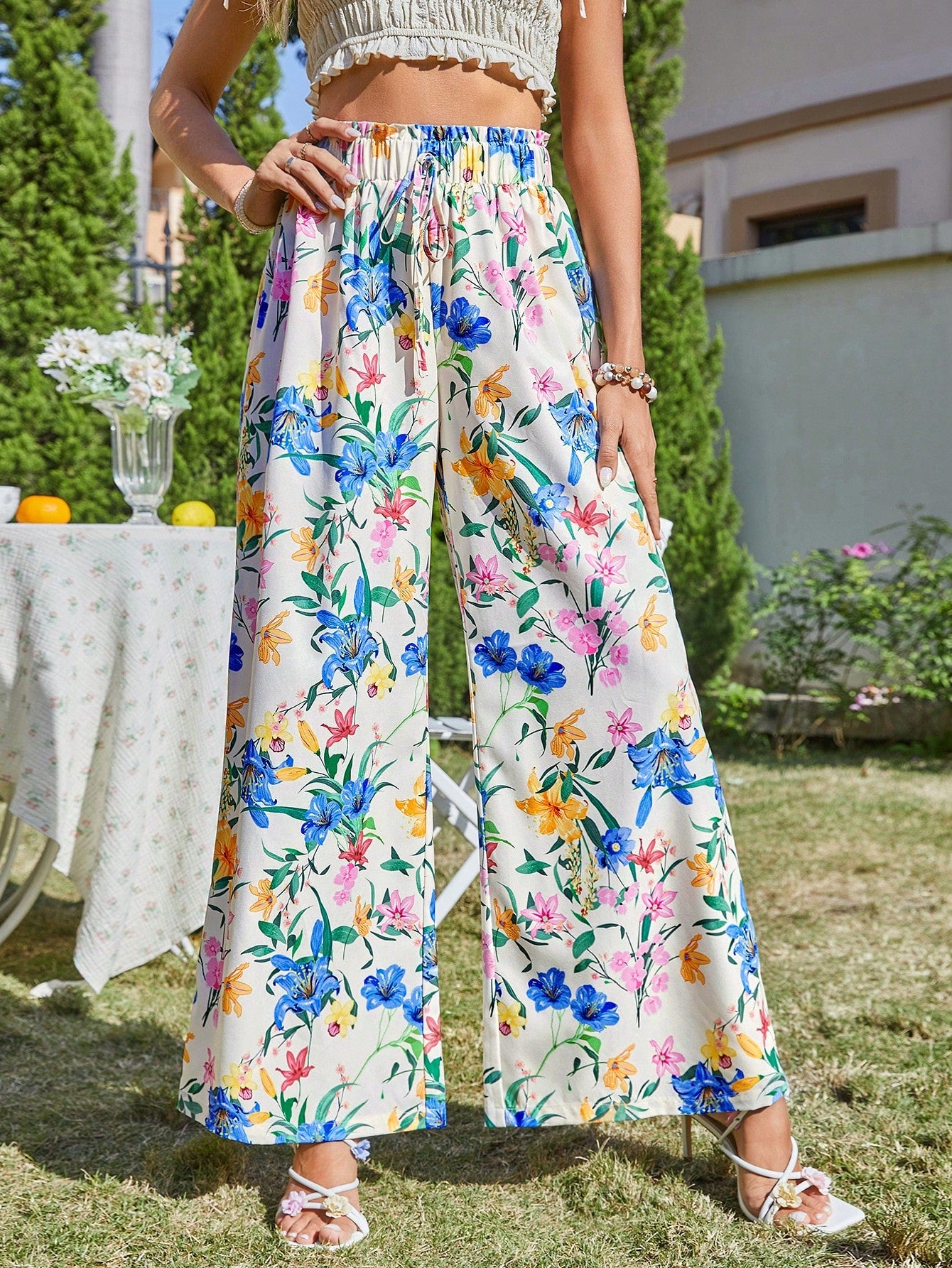 VCAY Vacation Floral Pattern High Waist Wide Leg Women'S Pants