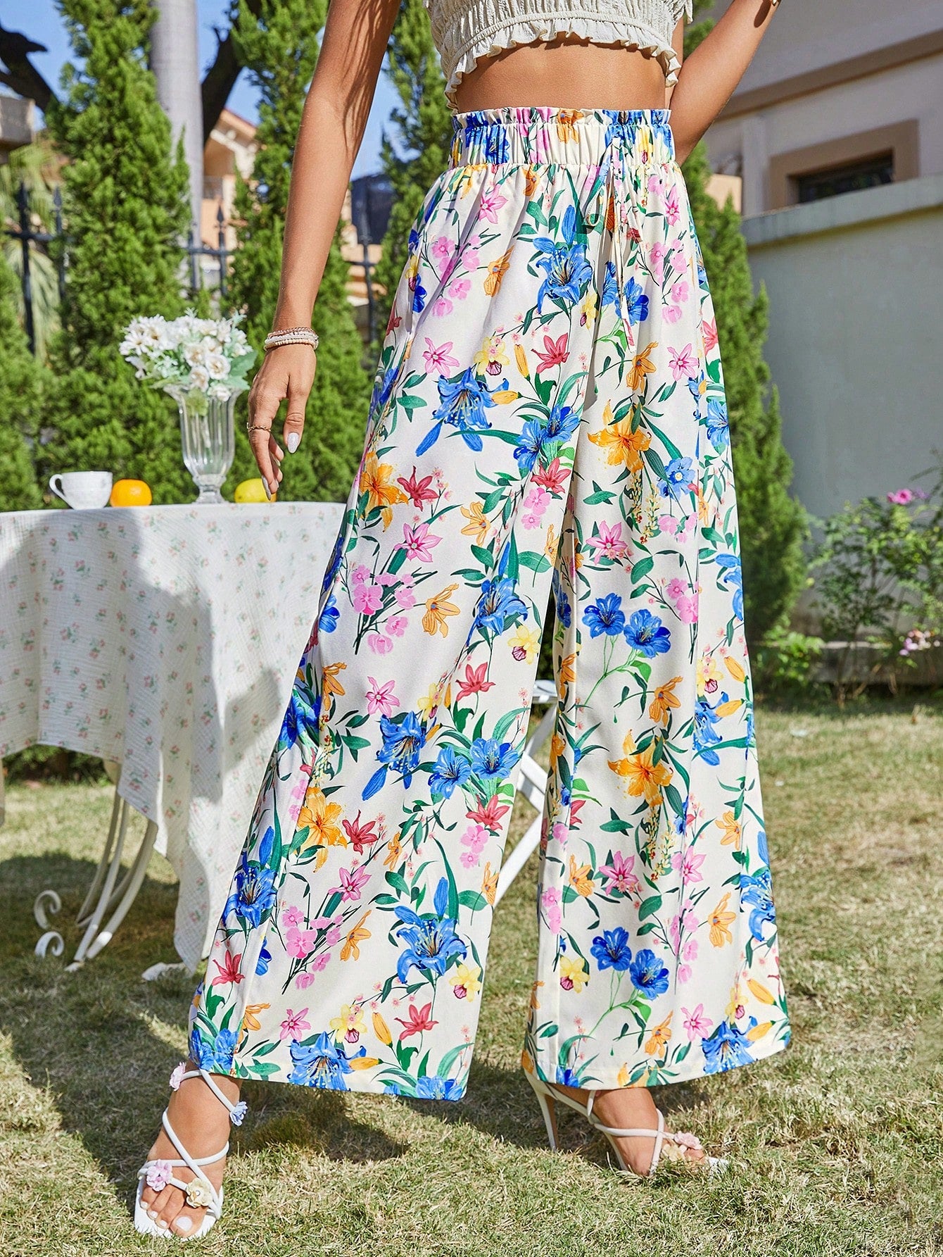 VCAY Vacation Floral Pattern High Waist Wide Leg Women'S Pants