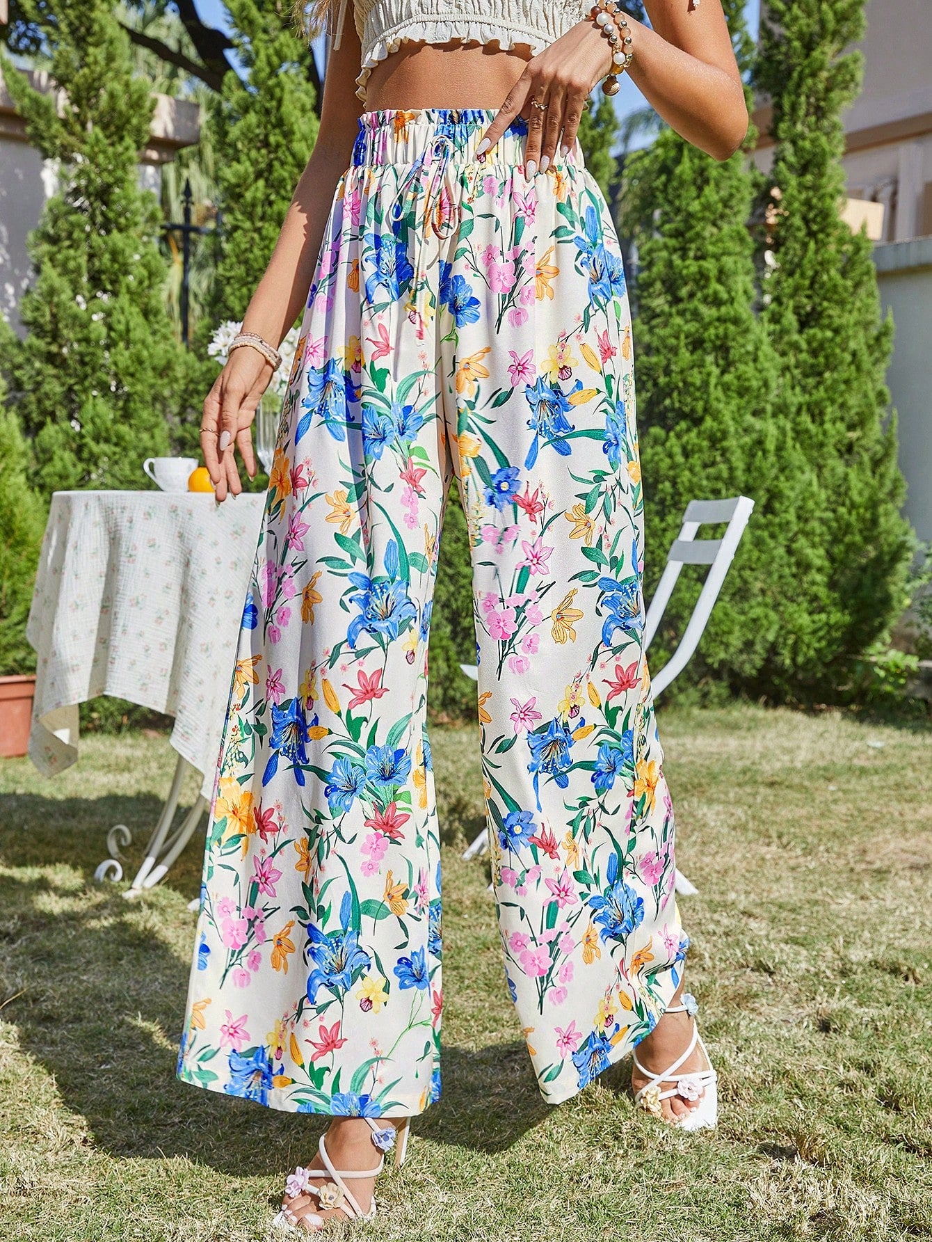 VCAY Vacation Floral Pattern High Waist Wide Leg Women'S Pants