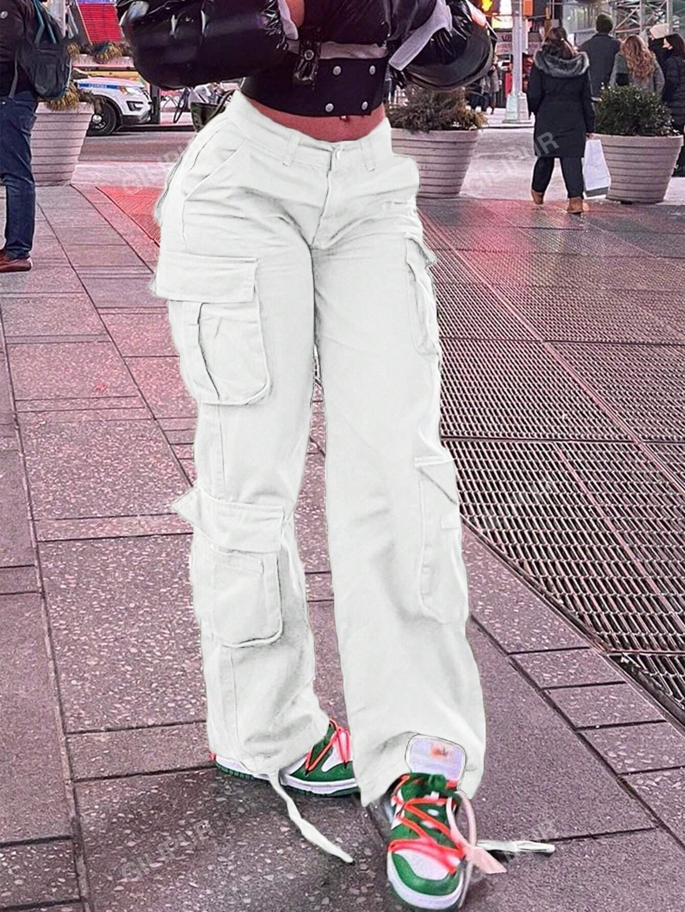 Straight Leg Loose Solid Color Casual Cargo Pants For Women