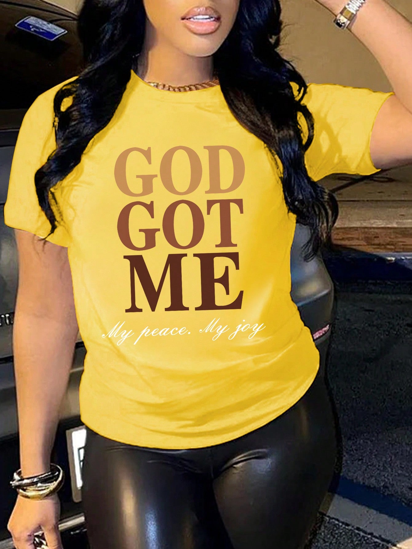 Slayr Slogan Graphic Drop Shoulder Tee GOD GOT ME My Peace My Joy Graphic Tees Women Tops
