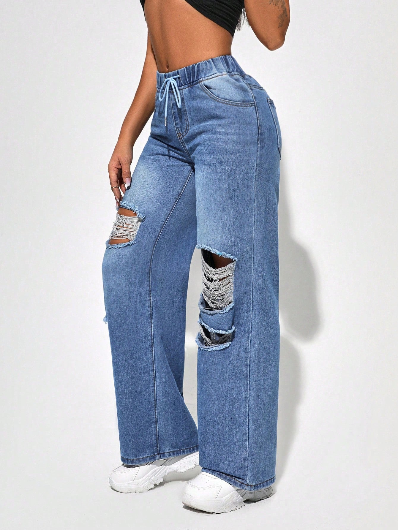 SXY Drawstring Waist Cut Out Ripped Wide Leg Jeans