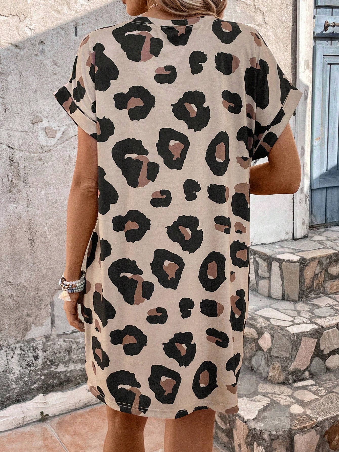 LUNE Women's Leopard Print Batwing Short Sleeve Dress