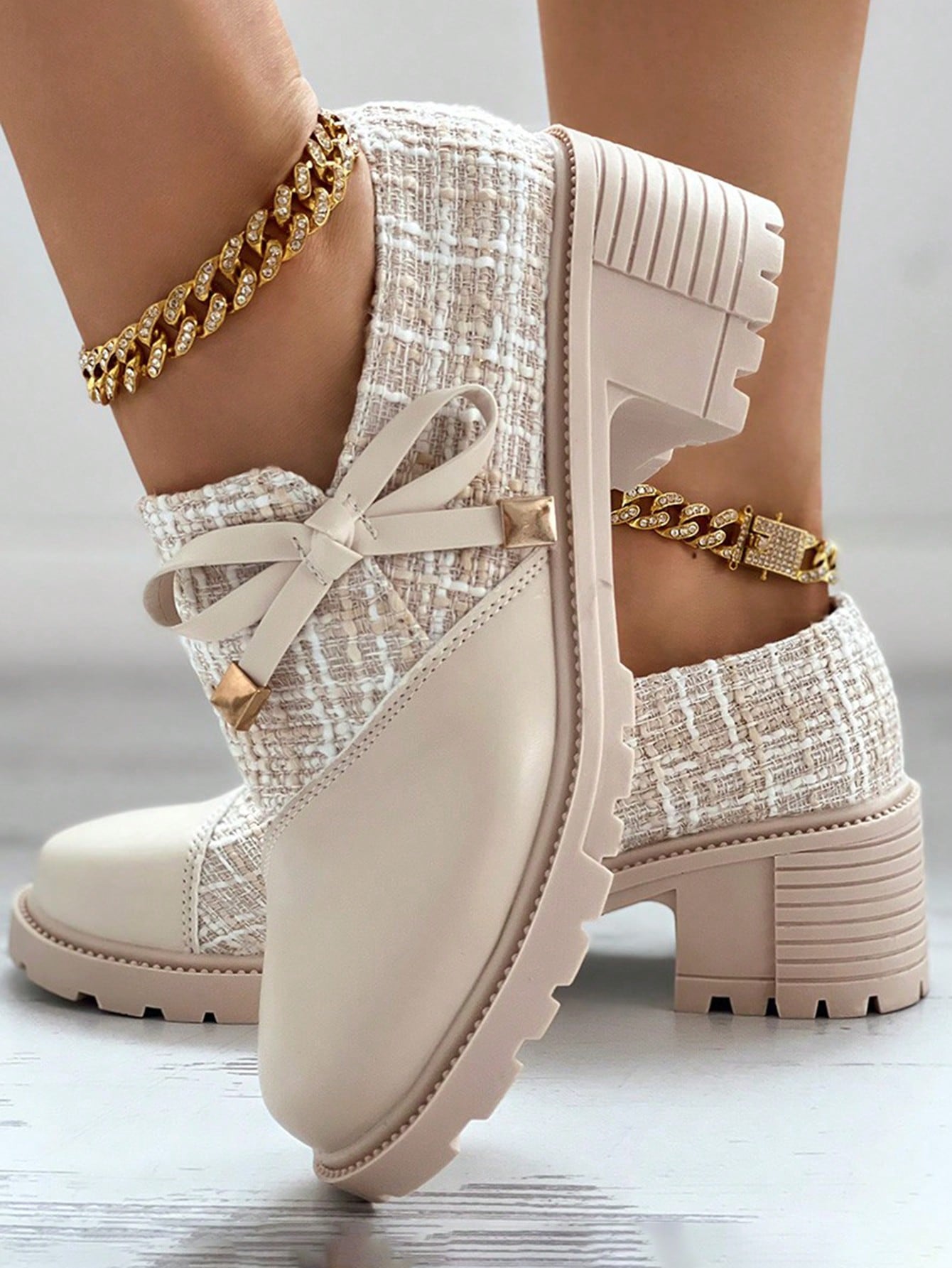 New Arrival Women's High Heel Formal Shoes, Thick Plaid And Patchwork Detailing, With Bowknot And Thick Sole For Retro Look