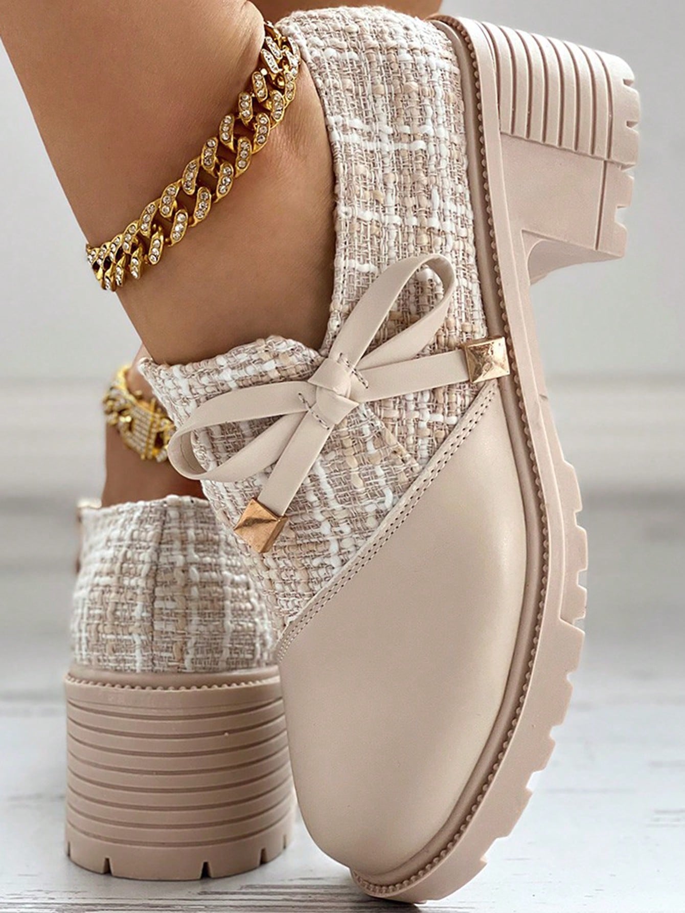 New Arrival Women's High Heel Formal Shoes, Thick Plaid And Patchwork Detailing, With Bowknot And Thick Sole For Retro Look
