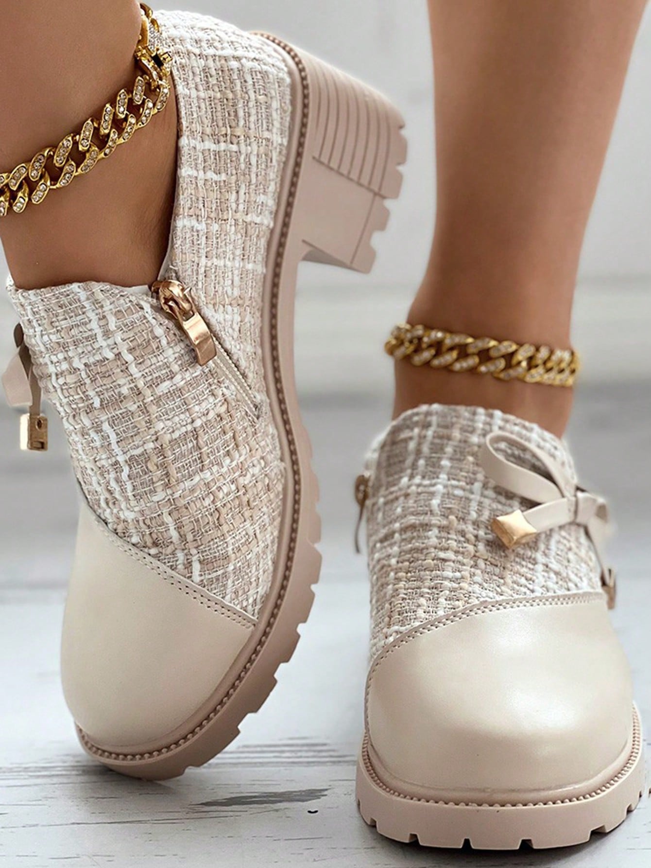 New Arrival Women's High Heel Formal Shoes, Thick Plaid And Patchwork Detailing, With Bowknot And Thick Sole For Retro Look