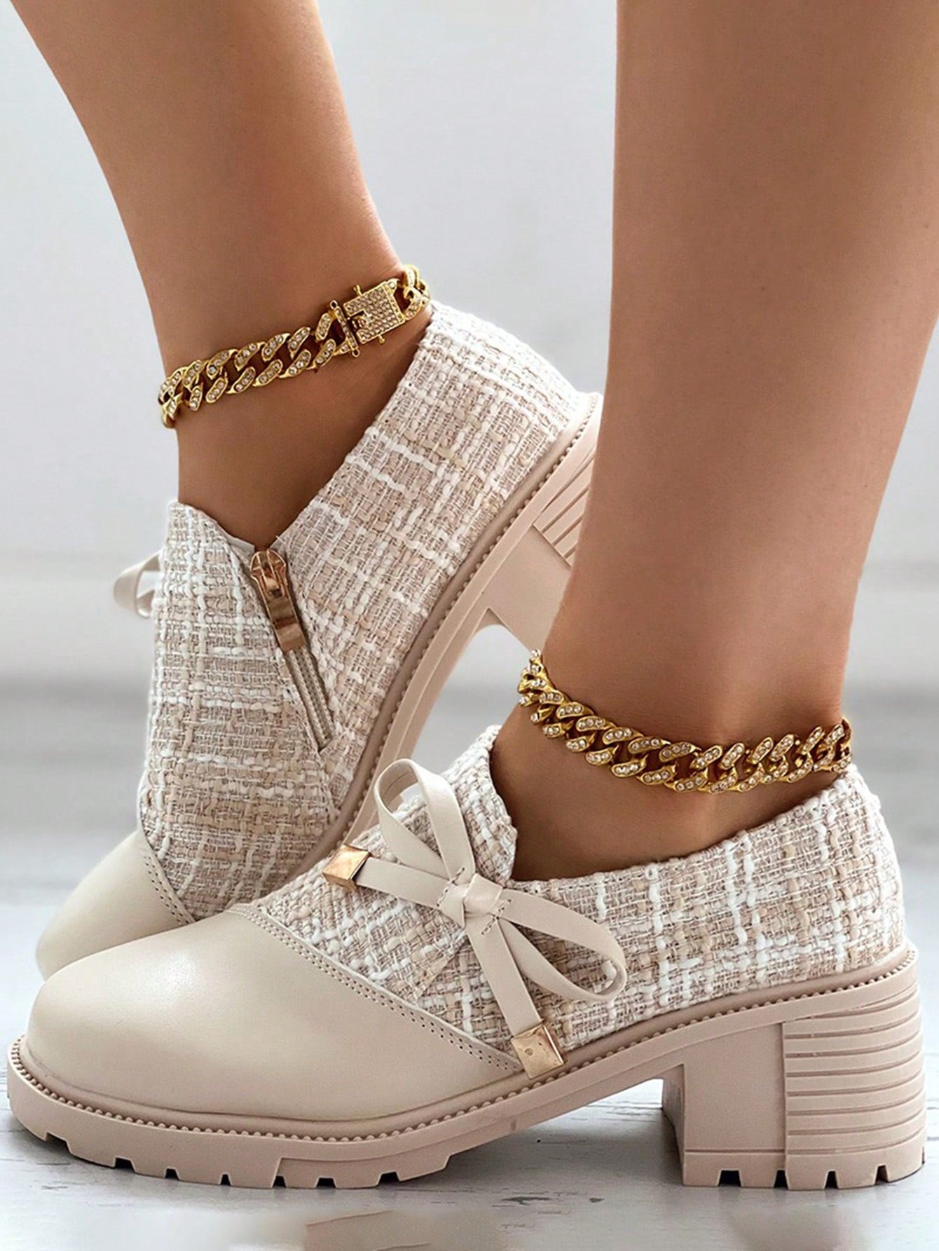 New Arrival Women's High Heel Formal Shoes, Thick Plaid And Patchwork Detailing, With Bowknot And Thick Sole For Retro Look