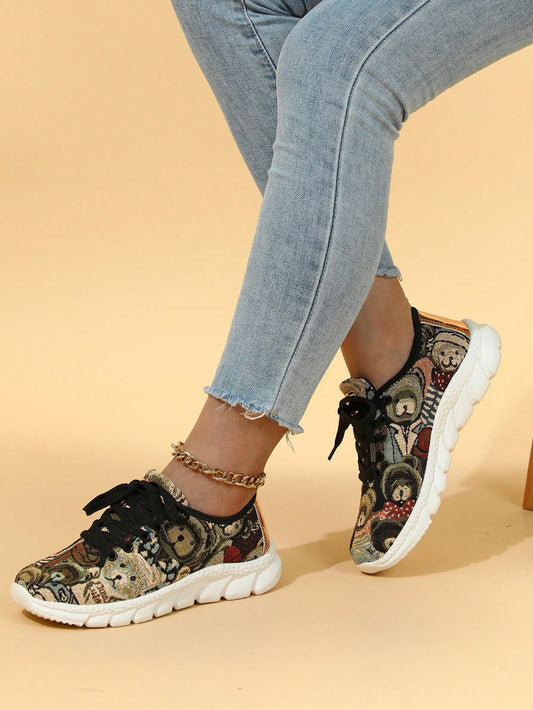 Multicolor Camouflage Teddy Bear Cute Design Sports Walking Shoes For Men And Women, School Shoes