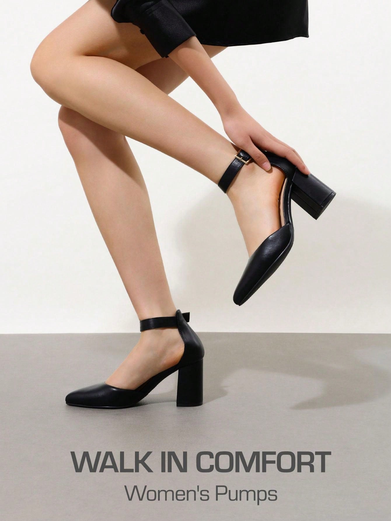 Women's Classic Closed Pointed Toe High Chunky Ankle Strap Heels Pumps  Dress Shoes Fashionable And Elegant For Wedding Office Party, 3 Inches