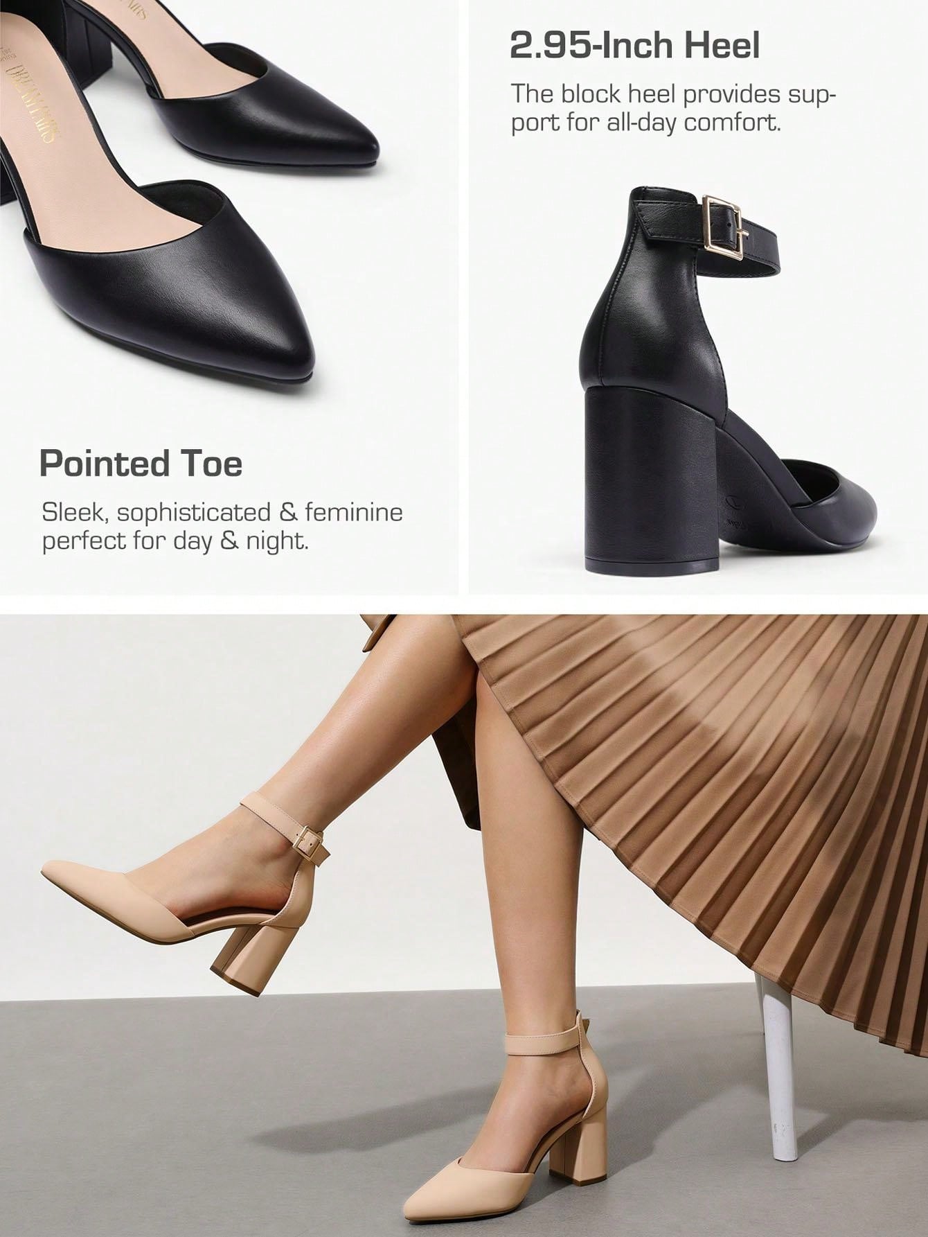 Women's Classic Closed Pointed Toe High Chunky Ankle Strap Heels Pumps  Dress Shoes Fashionable And Elegant For Wedding Office Party, 3 Inches