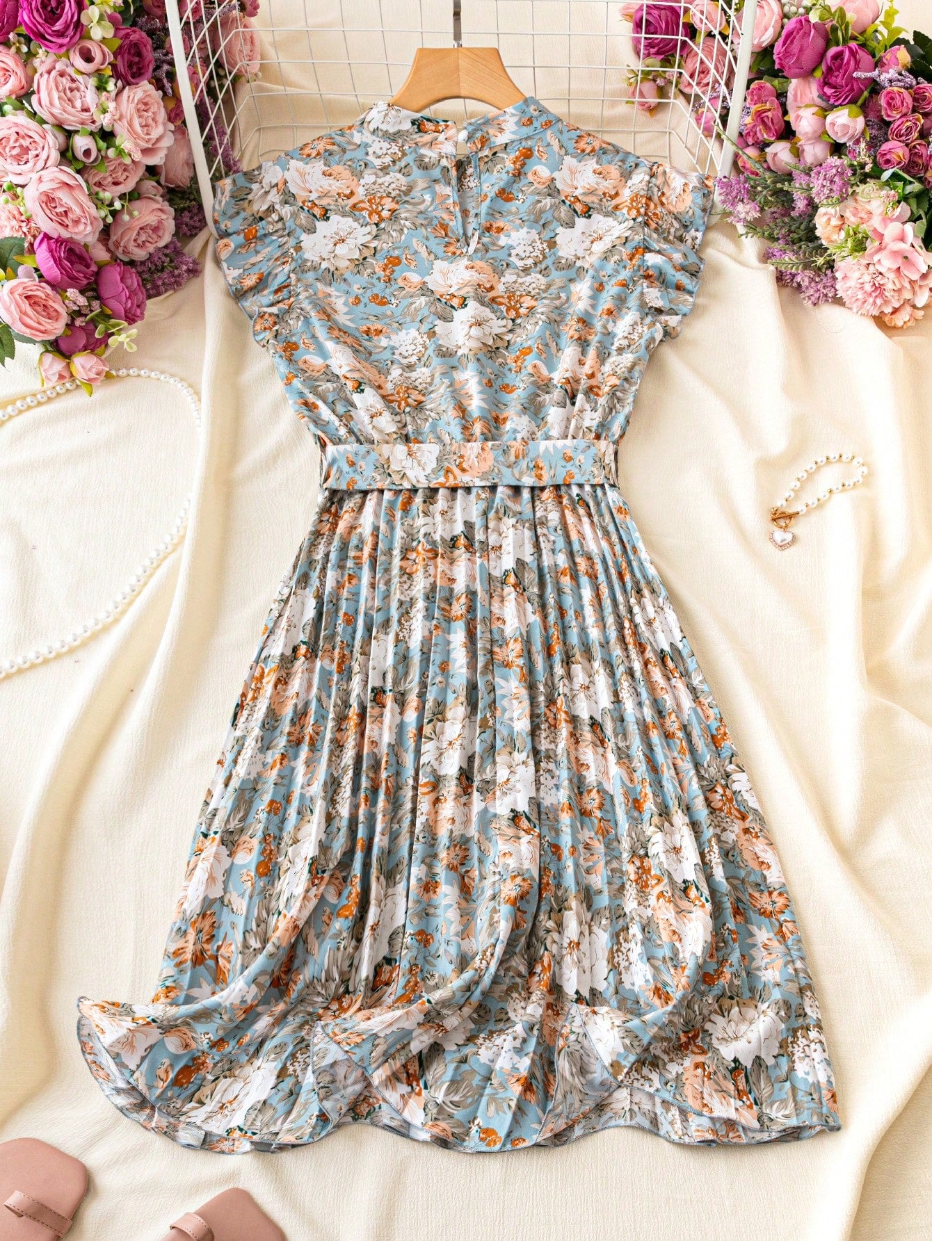 Relaxiva Floral Print Stand Collar Pleated Waist Holiday Dress