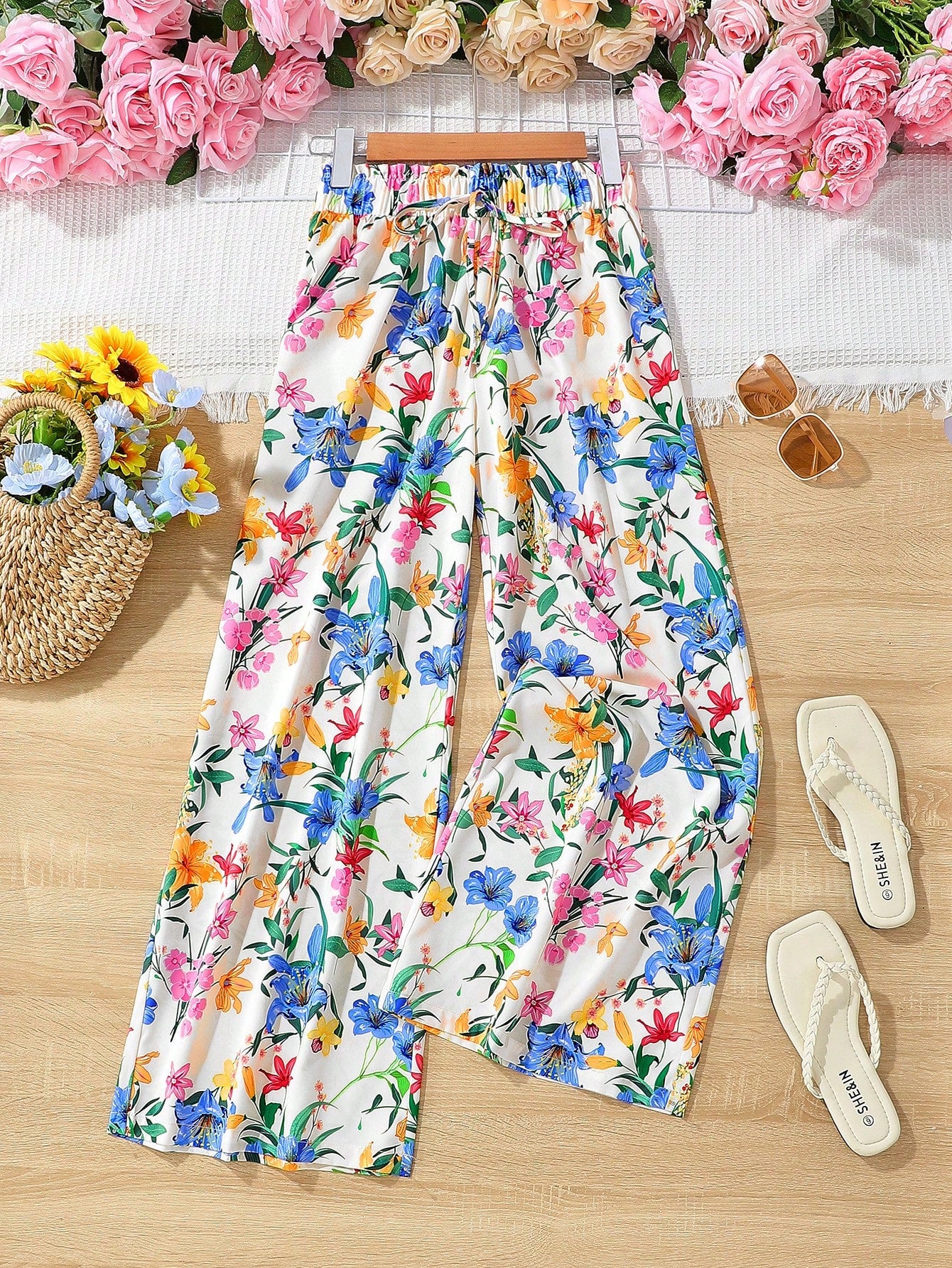 VCAY Vacation Floral Pattern High Waist Wide Leg Women'S Pants