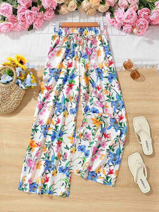 VCAY Vacation Floral Pattern High Waist Wide Leg Women'S Pants